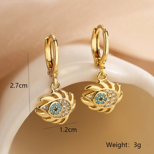 Macro shot of gold evil eye heart earrings with size labels 2.7cm and 1.2cm