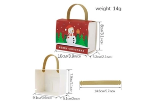 Detailed dimensions of Christmas candy gift box with snowman and tree patterns