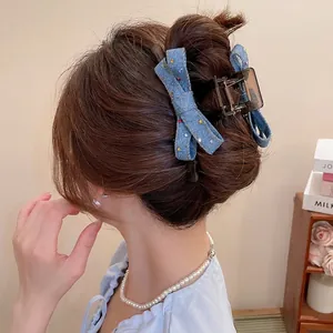Denim fabric bow hair claw clip with colorful rhinestones for stylish updos