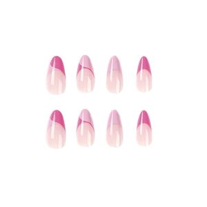 Faux ongles French manucure dégradé rose et violet forme stiletto sur fond blanc minimaliste