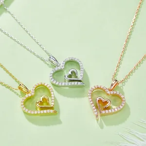 S925 sterling silver heart pendant necklace with moissanite accents in three metal colors