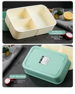 Detail of 1400ml bento box featuring three compartments and a non-slip textured base