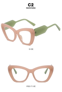 Cat eye glasses in pink and olive green color-blocking design with multi-angle views