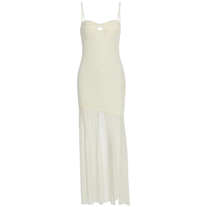Elegant off-white strapless maxi dress with cutout detail and sheer mesh panel hem