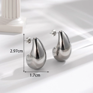 Polished silver stainless steel water drop C-shaped earrings, height 2.97cm width 1.7cm