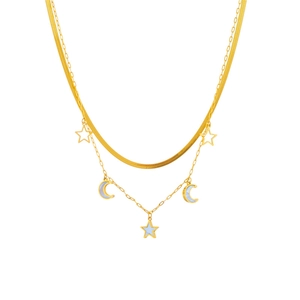 Layered Necklace Stainless Steel Star And Moon Pendants Gold Plated White Shell Inlay For Women Elegant Jewelry