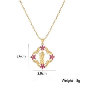 Detail of 18K gold plated priest pendant with pink zircon showing dimensions 3.6x2.9cm