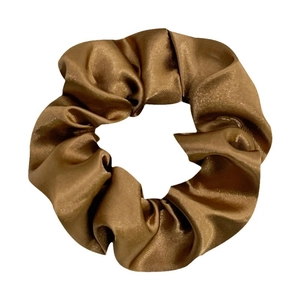 Glossy coffee brown satin scrunchie with smooth silk texture and pleated elastic design