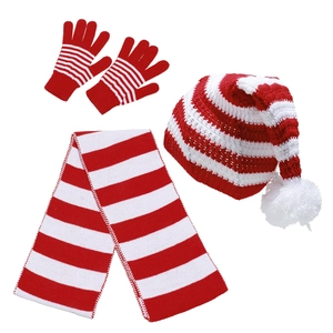 Christmas Knitted Hat Scarf And Gloves Acrylic Red White Striped Winter Warm Festive Party Accessories For Adults
