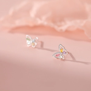 Sparkling 925 sterling silver butterfly stud earrings with colorful gemstones for women