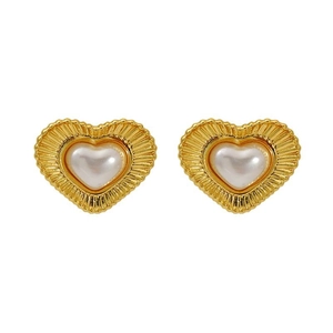 Vintage gold heart earrings with pleated texture and center pearl inlay for women
