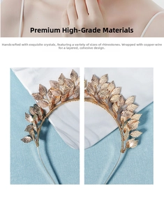 Detail of handmade gold leaf bridal headband with sparkling rhinestones and crystal beads
