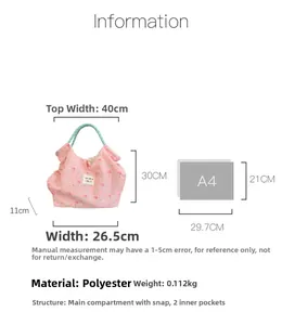 Dettagli sulle dimensioni e specifiche della borsa floreale rosa con confronto A4