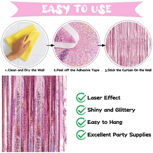 Pink holographic foil fringe curtain with laser effect for party background wall decor