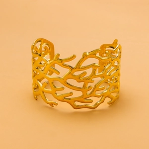 Artistic gold coral-shaped open cuff bracelet in high-quality stainless steel texture