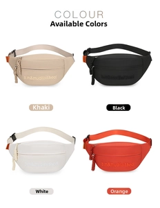 Detail view of the canvas waist bag showing khaki, black, white, and orange color options