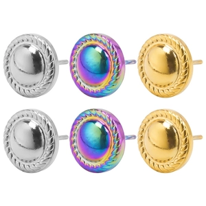 Three pairs of twist-edge stainless steel stud earrings in gold, silver, and rainbow colors