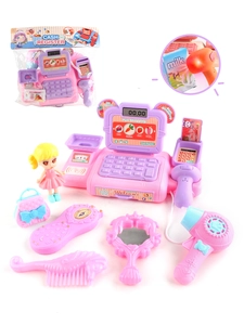 Kids pink cash register toy set with scanner, accessories and interactive lights