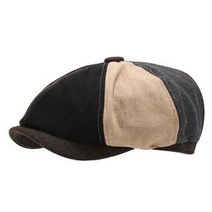Vintage patchwork newsboy cap in wool blend with three-color design and brown brim