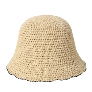 Japanese style hollow-out knit bucket hat in cream with wave edge and sun protection
