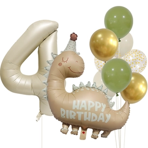Retro matte dinosaur balloon set for 4th birthday with cream white and avocado green colors