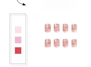 Detail of short press-on nails with pink and red wavy stripe pattern on clear base
