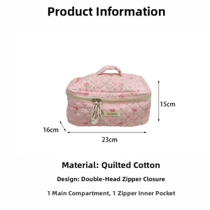 Pink quilted cotton toiletry bag detail with floral rabbit print and dual zippers