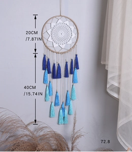 Detail of dream catcher with blue fringe showing size 20cm diameter and 40cm length