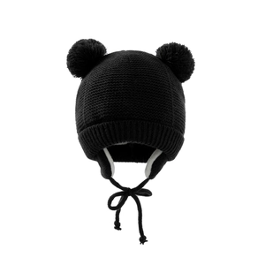 Schwarze Kinder Strickmütze mit zwei Bommeln und warmem Fleecefutter im Set