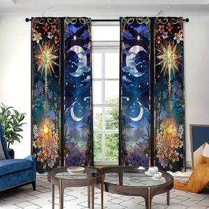 Detail of celestial blackout curtains with sun and moon stained glass style art print