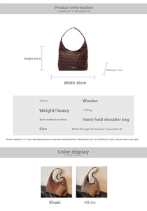 Detailed size specifications of the vintage woolen bucket bag showing 36x36x11cm dimensions