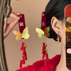 Chinese Style Butterfly Hair Clip Red Velvet Barrette With Long Tassel Bell Festive Lucky Ornament For Women