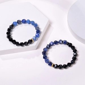 Blue agate and black obsidian 10mm faceted bead bracelets with gold zircon accents