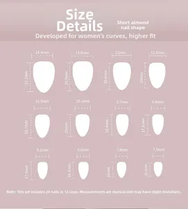 Size chart for short almond press-on nails showing 24 pieces in 12 precise dimensions