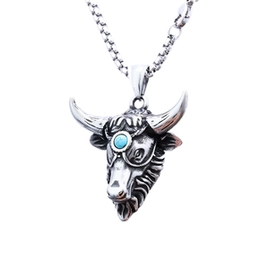 Pendentif tête de taureau rétro punk en acier inoxydable avec pierre turquoise bleue