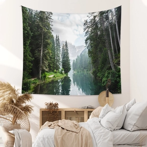 Nature wall tapestry featuring a misty forest and calm lake reflection in a cozy bedroom