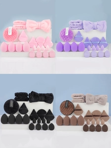 Detail of 20-piece makeup sponge set with puffs and bow headband in various colors
