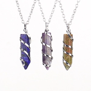 Hexagonal Column Pendant Necklace With Natural Crystal Stone Spiral Metal Wire Wrap Vintage Ethnic Jewelry For Women