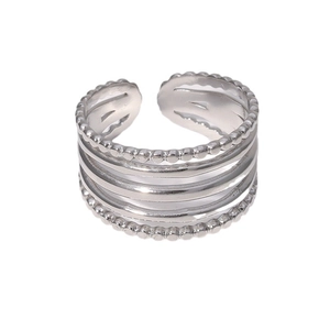 Polished silver stainless steel multi-layer open ring with beaded edge texture