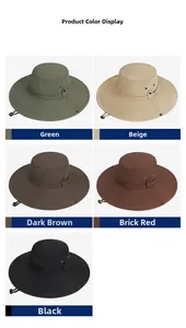 Detail showing various colors of wide brim camping hats with wind ropes and metal vents