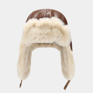 Brown leather aviator hat with warm faux fur lining for winter outdoor protection
