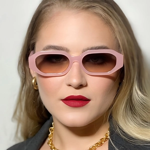 Fashionable oversized pink polygon sunglasses with brown gradient lenses for women