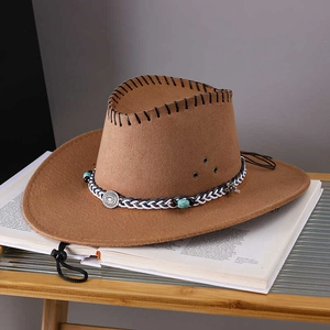 Brown wool cowboy hat featuring detailed hand-stitched crown and turquoise woven band