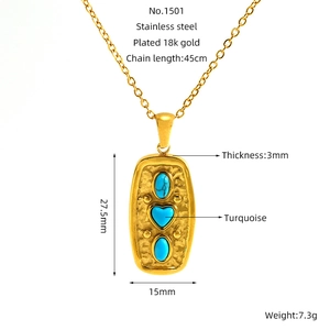 Vintage 18K gold plated stainless steel necklace with geometric heart turquoise pendant