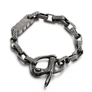 Retro Industrial Punk Bracelet Stainless Steel Diagonal Textured Chain With Carabiner Clasp Rectangle Tag Men Jewelry