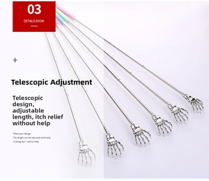 Macro shot of telescopic back scratchers with colorful handles and skeleton hand claws