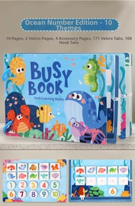 Detail of ocean-themed busy book with 10 cognitive themes and velcro matching puzzles