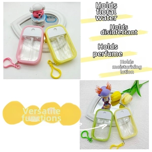 Detail of colorful mini mist spray bottles with silicone covers and convenient hooks