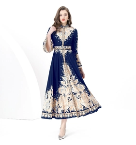 Detailed close-up of Baroque floral print on long-sleeved dress with stand collar and belt