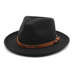 Classic black wool fedora hat with brown leather band and metallic buckle detail